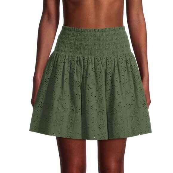 JASON WU Smocked Eyelet Mini Skirt in Olive Green NWT Size Large - Picture 2 of 10